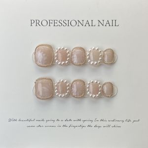 [HANDMADE]Artificial Nail Elegant Lily of the valley and Pearls Phototpy Nails Reusable and Removable Nails
