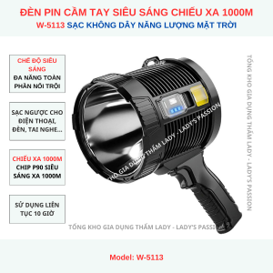 ĐÈN PIN CẦM TAY SIÊU SÁNG W5113 CHIẾU XA 1000 MÉT SẠC NĂNG LƯỢNG MẶT TRỜI CHỐNG NƯỚC GD196