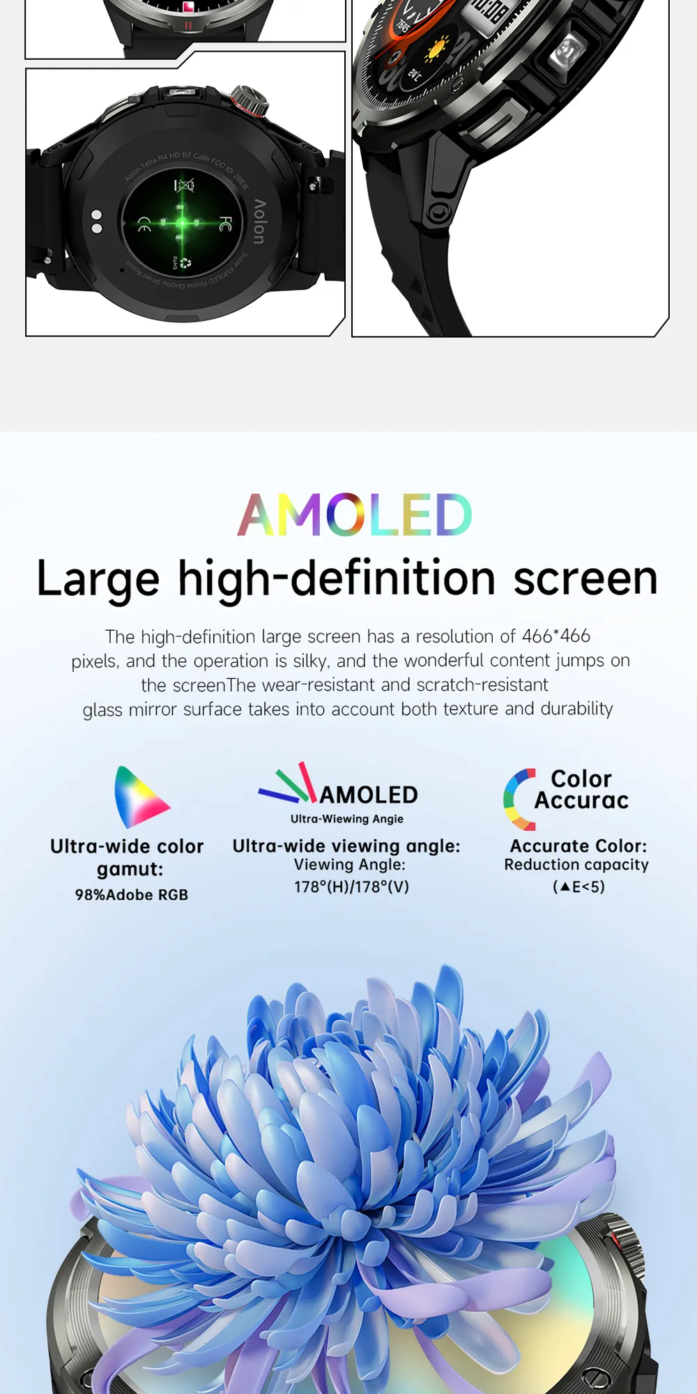 Aolon Tetra R4 นาฬิกา smart watch 1.43 นิ้ว Amoled หน้าจอ AOD จะแสดงเสมอ 350mAh นาฬิกาวิ่ง การตรวจจับข้อมูลสุขภาพตลอด 24 ชั่วโมง