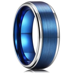 Fashion 8MM Men Stainless Steel Ring Silver Color Step Edge Blue Brushed Engagement Rings For Men Wedding Band Jewelry Wholesale H260531