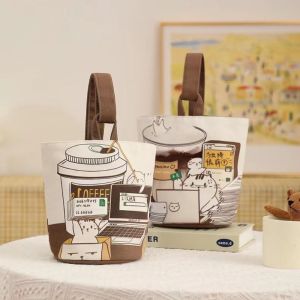 PRAYERF สไตล์เกาหลีแบบ กระเป๋าถังกาแฟแมวการ์ตูน กระเป๋าถือผ้าใบแคนวาส จุได้มาก กระเป๋าสำหรับคุณแม่ น่ารักน่ารักๆ กระเป๋าโท้ท กระเป๋าใส่อาหารกลางวัน สำหรับผู้หญิง