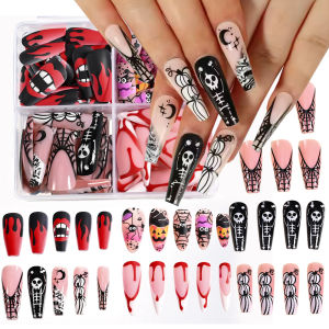96Pcs Halloween Press on Nails Almond & Coffin Blood Red Nails with Skeleton Fake Nails Design Full Cover Artificial False Nails h260819