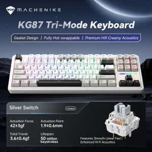 Machenike KG87 Tri Mode Mechanical Keyboard 87 Keys Hot Swappable Gasket Mount RGB Backlit Wired 2.4G Wireless Gaming Keyboard