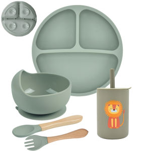 5P Baby Silicone Tableware Set Lid Divided Plate With Suction Bowls Straw Cup Wood Spoon Fork for Toddler Feeding Training Plate h260612