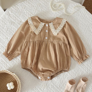 Bear Leader Autumn New Kids Bodysuits Long Sleeved Khaki Striped Printed Jumpsuit for Girls Korean Version Daily Simple Childrens Clothing