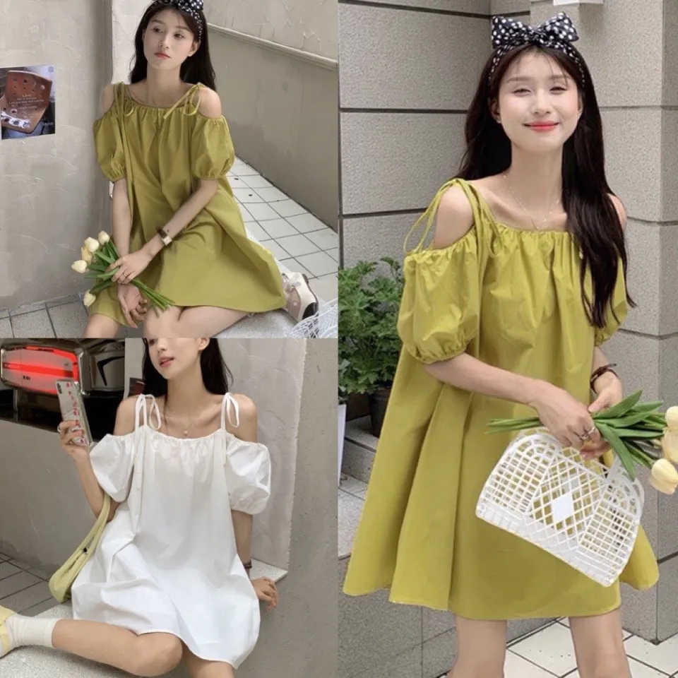 Váy babydoll trễ vai trơn, Áo váy trễ vai mặc 2 kiểu Hàn Quốc | Shopee Việt  Nam