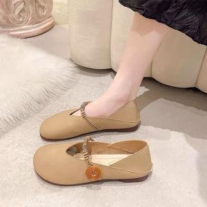 WomenS Flats 2025 New Model Cowhide Non-Slip Soft Sole Student Shoes To Match With Skirts Flat Loafers In Khaki Color