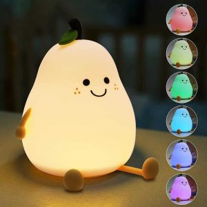 Night Lights for Kids Pear Shaped Cute Silicone Nightlight 7 Colors Dimmable Night Lamp USB Charging for Bedroom Bedside Room2026