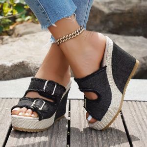 Free Shipping 2026 New Style Wedge Heel Plus-Size Denim Belt Buckle Slip-On Sandals For Women Summer Outdoor Thick-Soled Shoes