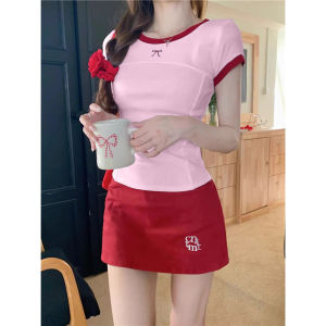 Cute ribbon coquette top pure cotton basic top women round neck