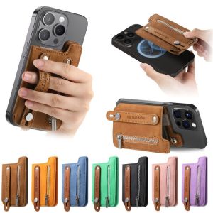 A5TG Từ tính Túi đựng thẻ điện thoại Da PU có dây đeo cổ tay Giá đỡ thẻ điện thoại  Có thể gập lại Ví Magsafe