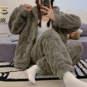 Womens pajamas for autumn and winter coral velvet thickened and plush warm flannel home wear hooded zipper suit