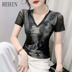REHIN Summer Fashion Mesh Tie-Dye Short Sleeve T-shirt V-Neck Slim Fit Stylish Womens Top