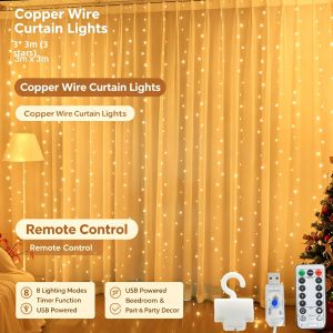 3M x 3M Curtain String Lights 300LED Copper Wire Fairy Light USB Powered Remote Control 8 Modes Waterproof Window Light for Christmas Wedding Bedroom Home Decoration