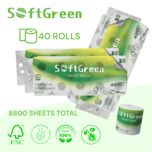[40Rolls] SoftGreen 4D ARTO Embossed 140g/Roll 3-Ply 8800Sheets Toilet Paper FSC Certified 100% Natural Premium Virgin Wood Pulp