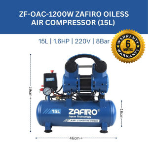 6 MONTH WARRANTY ZAFIRO 15L Air Compressor Oil Free Silent Air Pump 220V 1200W Compact Air Compressor Professional