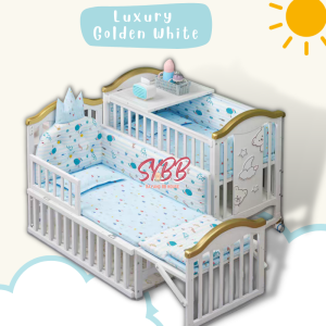 Luxury Golden White Multifunction baby crib Newborn Natural wooden cot Baby Cot kids toddler bed Desk  changing diapers