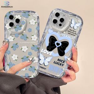 Casing hp Oppo A78 A79 5G A58 4G OPPO A18 A58 4G A17 A17k A16 A16s A54s A5s A12 A9 A3S A54 A1K A7 A77s A16K A16E A57 2022 A15 A15s A52 A92 A31 A53 Reno 8T 5F Blue and white flowers and love bow 3D Soft Wave Edge TPU Bracelet SoftCase XingDuo