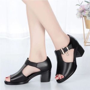 [Free Shipping] New Summer Fish-Mouth Fashion Casual Chunky Heel Buckle Sandals for Women Plus Size Mom Sandals Womens Shoes