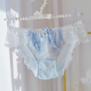 กางเกงในสตรีปักลายโบว์ใหญ่สไตล์ญี่ปุ่นสีฟ้าล้วนเอวต่ำกางเกงในสาวหวานเซ็กซี่ใหม่