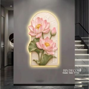 Tranh treo tường đèn led hoa sen hồng trang trí phòng khách phòng làm việc (kèm đinh treo)