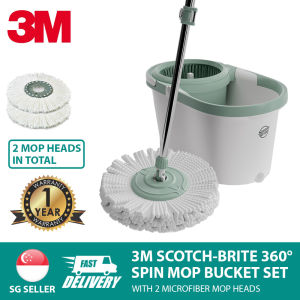 [SG Ready Stock] 3M Scotch-Brite 360° Dual Wash Spin Mop Bucket Set with 2/4/6 Microfiber Mop Heads - T7