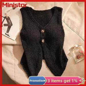 Ministar Summer Women Fashion Solid Color Chic Buttons V-neck Sleeveless Knitted Camisole