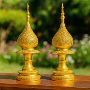 Cyber Online พานพุ่ม ไม้จามจุรี สีทองลายคลื่นเม็ดแก้วสีทอง กว้าง8 นิ้ว สูง60cm ปิดทองคำเปลว ส่องประกายสุกปลั่ง  รุ่นประดับเม็ดแก้วเยอะ ขายเป็นคู่