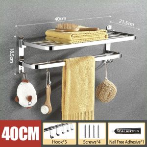 MEIANVU Stainless Steel Towel Racks for Bathroom Shelf Double Towel Bar Holder with Hooks Wall Mounted Multifunctional Foldable Brushed Nickel