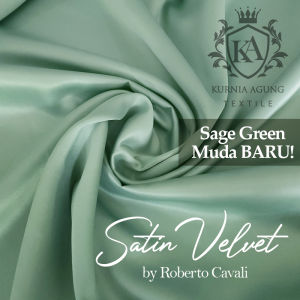 Kain Bordir Motif Cabut Warna SAGE GREEN Furing Satin Velvet by Roberto Cavali Per 0.5 Meter Bahan Kebaya Dress Murah