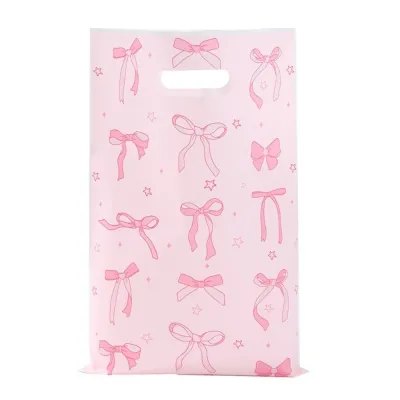 MECOME 10/25/50pcs Sweet Bow Gift Packing Bag Plastic Thicken Candy Cake Storage Bag Pink Baby Shower Gift Bag for Girls Birthday