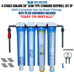Water Filtration System Top Selling 4 Stages 20" Slim Type Deepwell Standard Set Up Complete Set With Gray UPVC Fittings with 2 Sediment Filters and 1 Carbon Block 1 Disposable Water Softener Different Variation