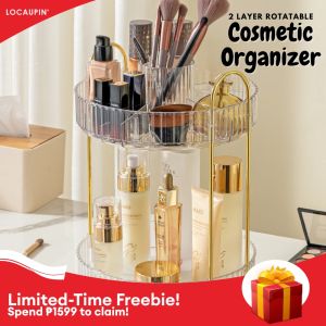 Locaupin Double Layer Rotatable Cosmetic Space Saver Table Makeup Organizer Rack Multifunctional Makeup Holder
