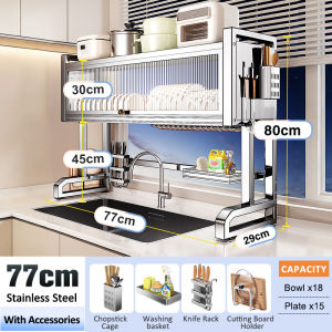 GSlife Stainless Steel Over Sink Dish Rack with Cover Rustproof Dish Drying Rack for Space Saving Drying