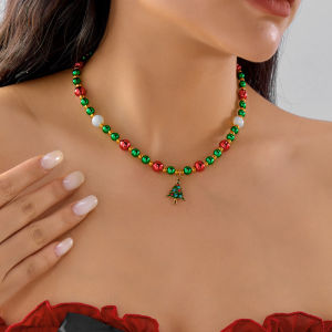 YADUN สร้อยคอคริสมาสต์สีแดงและสีเขียวต้นคริสต์มาสเกล็ดหิมะจี้กระดูกไหปลาร้าโซ่สร้อยคอลูกปัดตัดกัน