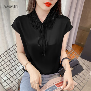AMMIN เสื้อสตรีปักลายลูกปัดหวานๆสไตล์ฝรั่งเศสเสื้อเบลาส์ผ้าชีฟองแขนสั้นผูกโบว์ตุ๊กตาปักลายลูกไม้สีขาวหรูหราแนวเกาหลีฤดูร้อนปี2021