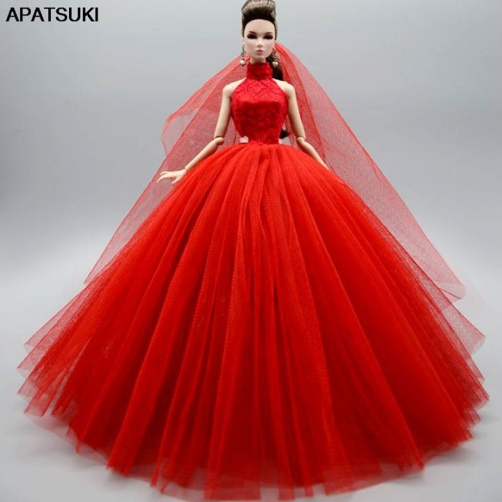 Red High Neck Fashion Wedding Dress For Barbie Doll Outfits Princess Evening  Party Gown Long Dresses Doll Clothes & Veil 1/6 Toy | Lazada Singapore