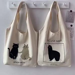 Canvas Tote Bag Students Shoulder Bag ToteBag Cartoon Cat Print HandBag Korean Style Shopping Bag Tuition Bag   Cartoon Cat Canvas Tote Bag