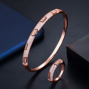 SEQUITO 2023 Summer Women Jewelry Rose Gold Silvery Golden Full Micro Pave Tiny Bling Zirconia Stone Leopard Print Crystal Evening Party Trendy Ring Bangle Set SJ375