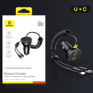 Tẩu sạc nhanh 2 cổng trên ô tô 60W Baseus Circular Plastic Car Charger tích hợp cáp lò xo Type C và Ligtning