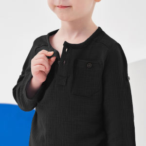 Rolanko Boys Toddler Boys Henley Long Sleeve Cotton Linen Shirt Solid Short Beach Casual Button Tees Tops 1-6Years