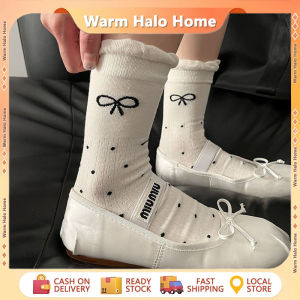 Bowknot White Socks Japanese Pink Bowknot Socks Pure Color Wave Dot Mid Socks Lace Jk Socks for Women