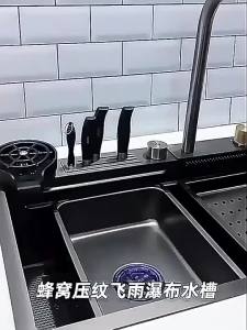 [CozyNest ]Kitchen SinkStainless Steel Smart Waterfall Single Bowl Digital Display Honeycomb Nano Modern Workstation Sink Multifunctional Topmount Sink Handmade