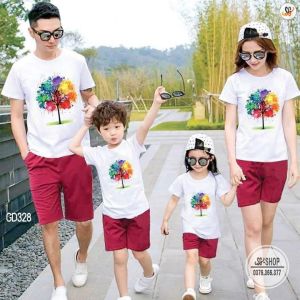 set bộ gia đình 3/4/5 người mẫu cây sắc màu (áo trắng quần đỏ) chất cotton mềm mịn đủ size từ 6-90kg