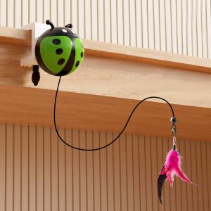 IVAOU Creative Automatic Lifting Cat Toy Ladybug Retractable Kitten Teasing Toy Puzzle Pet Toy Feathers Interactive Cat Toy Indoor Playing
