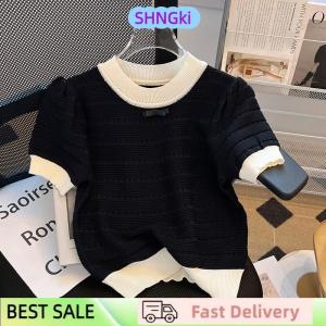 SHNGki Summer Sweet Hollow Out Knitted T-shirt Women Contrast Color Round Neck Short Sleeve Crop Top