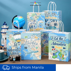 6 pcs Travel Adventure Pilot Party Loot Bag with Handle Assorted Design Party Favor Souvenir Party Gift Giveaway Giveaways Candy Biscuit Gift Paper Bag
