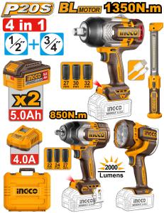 INGCO20V 4PCS Combo Kit 1350Nm & 850Nm Impact Wrench w/ Lamps COSLI250782 IPT