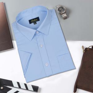 Áo Sơ Mi Nam Công Sở Trung Niên Anton Somianton Xanh Trơn Ngắn Tay Vải Cotton  - XSN14