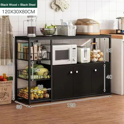 YOYO Multifunctional Kitchen Storage Cabinet with Vegetable Basket Rack Microwave Stand Workbench Floor Standing Organizer for Home Kitchen